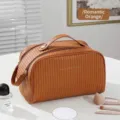 Large portable waterproof cosmetic travel bag in elegant orange ribbed leather - Italian double pull romantic orange [increase capacity]] / Customizable Logo