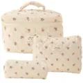 Floral quilted cotton makeup bag set of 3 with vanity case and pouches for travel - Pencil Case / 19x8x6cm / Plaid Small Flower