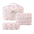Cozy floral quilted cotton makeup bag set featuring pink ribbon print and sewn tags - Pencil Case / 19x8x6cm / Pink Floral (Diamond Quilt)