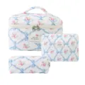 Floral quilted cotton makeup bag 3-piece set in white with blue ribbon patterns - Pencil Case / 19x8x6cm / Blue Floral (Diamond Quilt)