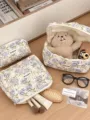 Cute floral quilted cotton cosmetic bag set for portable travel toiletries storage. - Pencil Case / 19x8x6cm / Green Flower