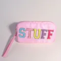 Trousse à maquillage rose en nylon avec lettres STUFF en chenille colorées et dragonne - Avec Dragonne / Rose Clair