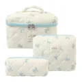 Three-piece quilted cotton makeup bag set with cute light blue bow pattern for travel - Pencil Case / 19x8x6cm / Blue Bow