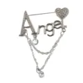 Detailansicht der silbernen Angel-Brosche mit Kristall-Strass und Quastenketten - Angel Buchstabe Quaste Stil / Silber