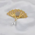 Elegant Chinese style fan magnetic brooch with a teardrop pearl pendant detail. - Magnetic Style