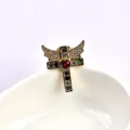 Exquisite mini gold cross brooch featuring wings and a red heart gemstone center - Winged Cross with Red Heart (Style 02) / Gold