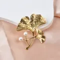 Elegant gold ginkgo leaf brooch with pearls made of durable stainless steel for women. - Style 01 Double Leaf / Gold
