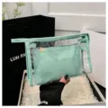 Portable mint green PVC travel cosmetic bag two-piece set with checkered inner pouch - Two-Piece Set / Korean Blue