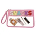 Pink transparent PVC cosmetic bag with colorful 'SNACKS' chenille embroidery - 32x22cm / Deep Pink