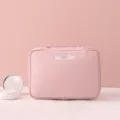 Chic pink portable makeup storage bag with handle and 'MAKEUP BEAUTY' front tag - L / Pink