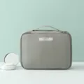 Minimalist portable grey fabric makeup storage bag with top handle and beauty label - L / Matcha Green
