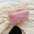 Large capacity transparent pink travel cosmetic bag with handle and golden studs - Pink