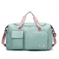 Mint green fitness duffel bag with pink straps and shoe compartment for sports travel - Pink and Green