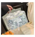Portable quilted cotton cosmetic bag with blue floral pattern and ribbon accents detail - L / 23x14.5x14cm / Dark Blue Flowers