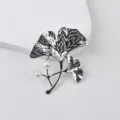 Elegant silver ginkgo leaf brooch with pearls in stainless steel finish - Style 01 Double Leaf / Silver