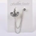 Vintage Silber Hexenhut Kette Brosche mit funkelndem Kristallstecker und Doppelkette - Hexenhut / Stil 02 Antiksilber (230806-1)