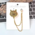 Vintage goldene Wolfskopf-Brosche mit Doppelkette und Kristall für elegante Mäntel. - Stil 03 Antikgold (230806-1)