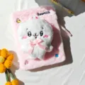Cute pink plush A5 notebook with fluffy cartoon character embroidery and bow for journaling. - Babunini (Detachable Plush Pendant)