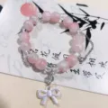 Pink beaded bracelet with bow pendant sweet style fashion jewelry accessories for women daily wear - Peach Bowknot Bracelet (S0035)