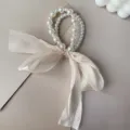 Elegante parel haarelastiek in Koreaanse stijl met crème zijden lint voor dames - Gaas Lintstijl / Abrikoos
