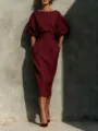 Close-up detail of elegant burgundy puff sleeve top and high waist midi skirt design. - S / Burgundy