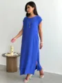 Royal blue sleeveless midi split dress for women, casual summer crewneck tank dress style. - XS / Blue