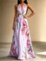 Elegant floral halter long dress with backless design and graceful swing hem for summer. - S / Purple