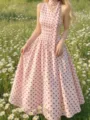 French vintage polka dot halter dress, summer high waist A-line long dress for women elegant. - S / Pink