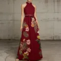 Elegant floral print halter neck maxi evening dress for women summer vacation wear. - S / Burgundy