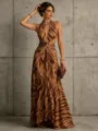 Elegant zebra print halter neck long dress featuring pleated front design for women summer. - S / Dresses / Caramel color