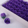 Purple soap rose heads in white gift box, ideal for DIY flower bouquets and Valentine gifts. - 50 Pieces/Box / Deep purple