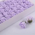Lavender soap rose flower heads in white gift box, perfect for DIY bouquets and lovely gifts. - 50 Pieces/Box / Light Purple