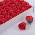 Red artificial rose soap flower heads for DIY Valentine gift box bouquet material - 50 Pieces/Box / Bright Red