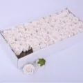 White soap rose flower heads in box, elegant artificial floral DIY bouquet material for Valentine's Day. - 50 Pieces/Box / Pure White
