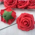 Red artificial PE foam rose flower heads with stems for wedding bouquets and party crafts. - Genuine Leather Bright Red
