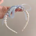 French style elegant light blue ribbon bow and pearl headband for women hair accessories - Blue