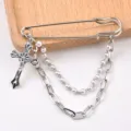 Silver safety pin brooch with crucifix pendant and pearl link double chain detail - Cross Style