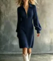 Detail view of a chic navy blue zip lapel ribbed knit dress, long sleeves and slim fit style. - S / Navy Blue