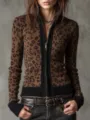 Femme cardigan léopard zippé slim ajusté automne hiver mode veste en tricot tendance - S / Hauts / Léopard Marron
