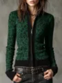 Gilet zippé imprimé léopard vert, cardigan en tricot coupe slim, style rétro chic. - S / Hauts / Imprimé Léopard Vert