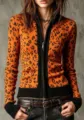 Femme Automne Rétro Imprimé Léopard Slim Gilet Zippé Mode Veste Casual Chic Élégante - S / Hauts / Léopard Orange