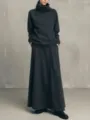 Minimalist solid color high neck sweatshirt and long skirt two piece set in dark grey. - S / Set / Charcoal Gray