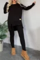 Casual solid color long sleeve split top and pants set, perfect autumn winter women daily wear. - S / Top And Bottom / Black