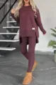 Detailed view of the women's solid long-sleeve crewneck split top and ribbed leggings lounge set. - S / Top And Bottom / Red Brown