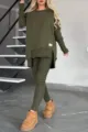 Casual long sleeve sweatshirt ribbed leggings set winter autumn cozy solid two-piece outfit - S / Top And Bottom / Army Green