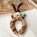 Serre-tête peluche léopard original avec grands yeux et tresses pour maquillage. - Style Léopard Rigolo / Tresse de Poupée Moche Café