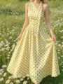 French polka dot halter dress women summer new slim waist A-line long vintage elegant vacation style - S / Light Yellow