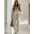 Beige teddy fleece hooded jumpsuit for women, casual long sleeve warm winter romper overall. - S / Apricot