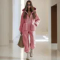Women Autumn And Winter Pink Plush Hooded Jumpsuit Casual Loose Fluffy Overall Long Pants - S / Pink
