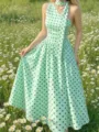 Mint green polka dot halter midi dress, vintage sleeveless summer A-line vacation style. - Light Green
